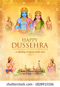 illustration of Lord Ram, Sita, Laxmana, Hanuman, Bharat and Shatrughna in Dussehra Navratri festival of India poster