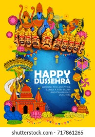 illustration of Lord Ram, Sita, Laxmana, Hanuman and Ravana in Dussehra Navratri festival of India poster