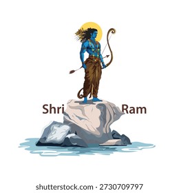 An illustration of Lord Ram, Vector drawing of Hindu God, A Hindu warrior is standing on island