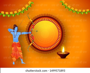 Illustration of Lord Rama aiming arrow with illuminated oil lamp (Diya) on Jay Shri Ram hindi text pattern orange background and given blank frame for your message.