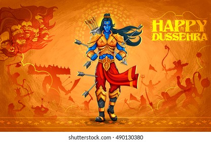 Illustration von Lord Rama mit dem Pfeil, der Ravana in Dussehra Navratri tötet, indisches Poster