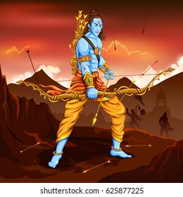 illustration of Lord Rama with arrow killing Ravana in Dussehra Navratri festival of India poster