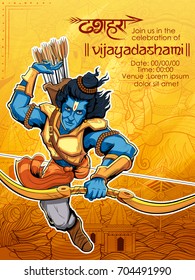 illustration of Lord Rama with arrow in Navratri festival of India poster with Hindi text Dussehra 