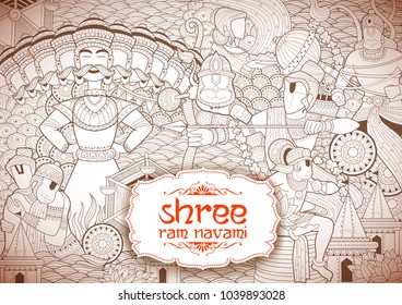 illustration of Lord Rama with bow arrow in Shree Ram Navami celebration background for religious holiday of India