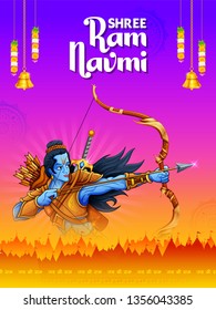 illustration of Lord Rama with bow arrow in Shree Ram Navami celebration background for religious holiday of India