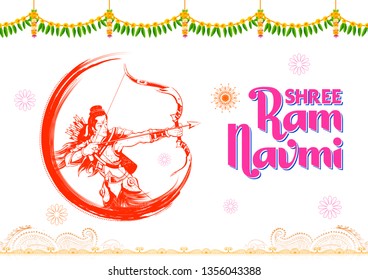 illustration of Lord Rama with bow arrow in Shree Ram Navami celebration background for religious holiday of India