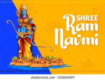 illustration of Lord Rama with bow arrow in Shree Ram Navami celebration background for religious holiday of India