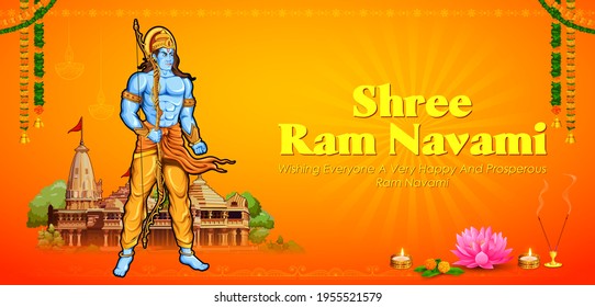 illustration of Lord Rama with bow arrow with Hindi text meaning Shree Ram Navami celebration background for religious holiday of India