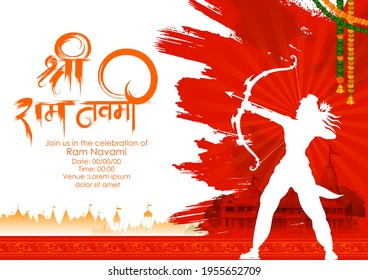 illustration of Lord Rama with bow arrow with Hindi text meaning Shree Ram Navami celebration background for religious holiday of India