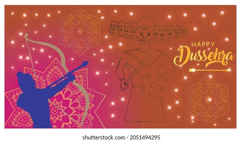 illustration of Lord Rama with bow arrow killing Ravan in Dussehra Navratri festival of India poster