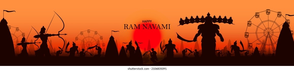 illustration of Lord Rama with bow arrow in Shree Ram Navami celebration background for religious holiday