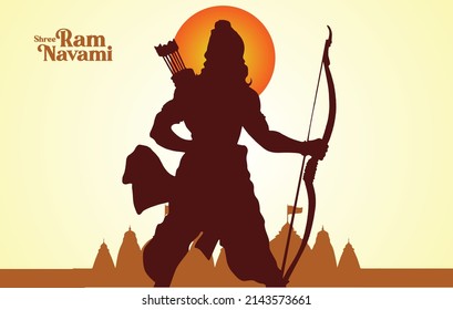 illustration of Lord Rama with bow arrow with Hindi text meaning Shree Ram Navami celebration background for religious holiday of India