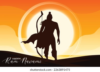 Illustration of Lord Rama with bow arrow in Shree Ram Navami celebration background for religious holiday of India