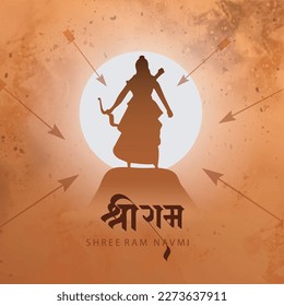 Illustration of Lord Rama with bow arrow with Hindi text meaning Shree Ram Navami celebration background for religious  Hindu holiday of India