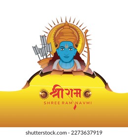 Illustration of Lord Rama with bow arrow with Hindi text meaning Shree Ram Navami celebration background for religious  Hindu holiday of India