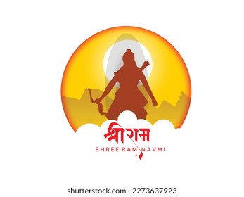 Illustration of Lord Rama with bow arrow with Hindi text meaning Shree Ram Navami celebration background for religious  Hindu holiday of India