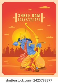 Illustration of Lord Rama with bow arrow for Shree Ram Navami celebration. Greeting design with vector illustration.