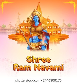 illustration of Lord Rama with bow arrow with Hindi text meaning Shree Ram Navami celebration background for religious holiday of India