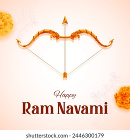 illustration of Lord Rama with bow arrow with Hindi text meaning Shree Ram Navami celebration background for religious holiday of India