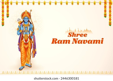 Illustration von Lord Rama mit Bogenpfeil mit Hindi-Text, der Shree Ram Navami-Feier Hintergrund für religiösen Feiertag von Indien bedeutet