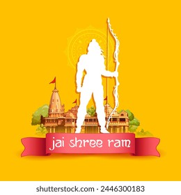 illustration of Lord Rama with bow arrow with Hindi text meaning Shree Ram Navami celebration background for religious holiday of India