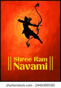 illustration of Lord Rama with bow arrow with Hindi text meaning Shree Ram Navami celebration background for religious holiday of India