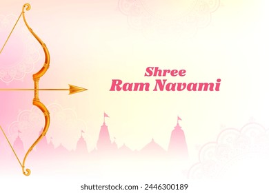 illustration of Lord Rama with bow arrow with Hindi text meaning Shree Ram Navami celebration background for religious holiday of India