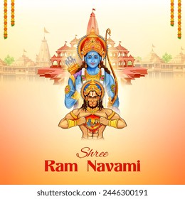 illustration of Lord Rama with bow arrow with Hindi text meaning Shree Ram Navami celebration background for religious holiday of India