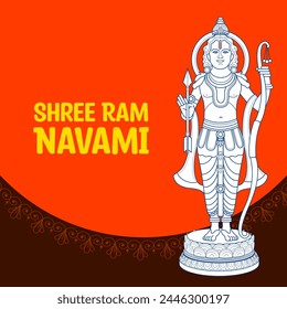 illustration of Lord Rama with bow arrow with Hindi text meaning Shree Ram Navami celebration background for religious holiday of India