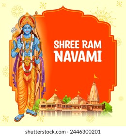 illustration of Lord Rama with bow arrow with Hindi text meaning Shree Ram Navami celebration background for religious holiday of India