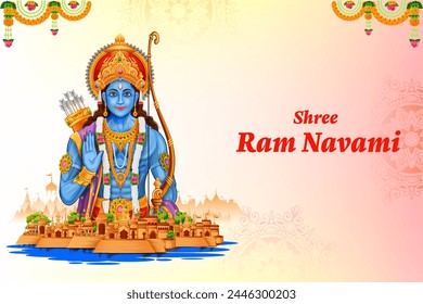 illustration of Lord Rama with bow arrow with Hindi text meaning Shree Ram Navami celebration background for religious holiday of India