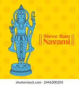 illustration of Lord Rama with bow arrow with Hindi text meaning Shree Ram Navami celebration background for religious holiday of India