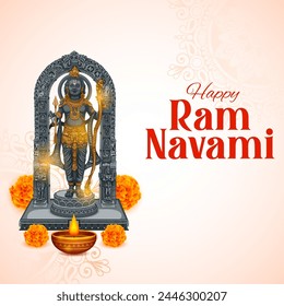 illustration of Lord Rama with bow arrow with Hindi text meaning Shree Ram Navami celebration background for religious holiday of India