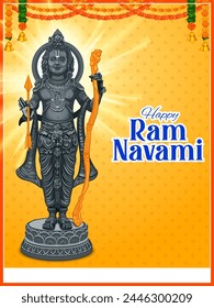 illustration of Lord Rama with bow arrow with Hindi text meaning Shree Ram Navami celebration background for religious holiday of India