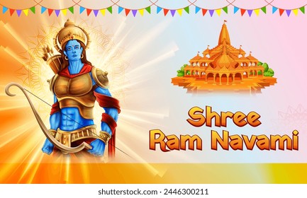 illustration of Lord Rama with bow arrow with Hindi text meaning Shree Ram Navami celebration background for religious holiday of India