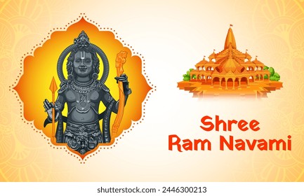 illustration of Lord Rama with bow arrow with Hindi text meaning Shree Ram Navami celebration background for religious holiday of India