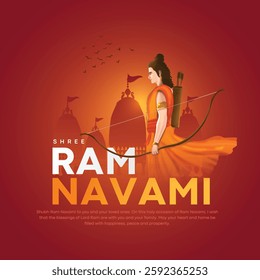 illustration of Lord Rama with bow arrow with, Ram Navami celebration background for religious holiday of India.