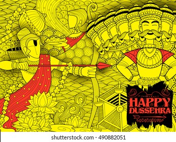 illustration of Lord Rama with bow arrow killing Ravan in Dussehra Navratri festival of India poster