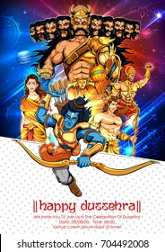 illustration of Lord Rama with bow arrow killing Ravan in Dussehra Navratri festival of India poster