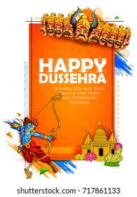 illustration of Lord Rama with bow arrow killing Ravan in Navratri festival of India poster with Hindi text Dussehra