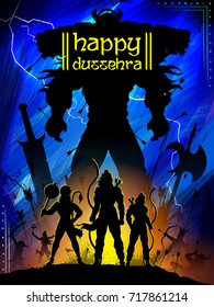 illustration of Lord Rama with bow arrow killing Ravan in Dussehra Navratri festival of India poster