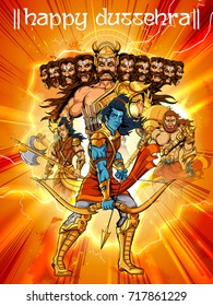 illustration of Lord Rama with bow arrow killing Ravan in Dussehra Navratri festival of India poster