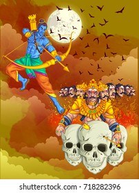 illustration of Lord Rama with bow arrow killing Ravan in Dussehra Navratri festival of India poster