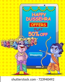 illustration of Lord Rama with bow arrow killing Ravan in Dussehra Navratri festival of India poster