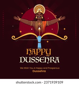 Illustration of Lord Rama with bow and quiver and Ravan for Dussehra festival with hindi text