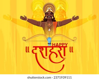 Illustration of Lord Rama with bow and quiver and Ravan for Dussehra festival with hindi text