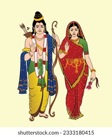 illustration of Lord Rama And Goddess Sita with bow arrow in Shree Ram Navami celebration background for religious holiday.