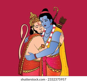 Illustration of Lord Rama and Hanuman in Happy Dussehra background showing festival of India.Indian wedding clipart symbol of lord rama and hanuman standing.