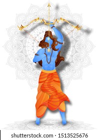 Illustration of Lord Rama holding bow arrow on mandala pattern background.