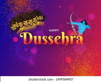 Illustration of Lord Rama killing Ravana on purple glittering effect background for Happy Dussehra celebration. Can eb used as poster design.